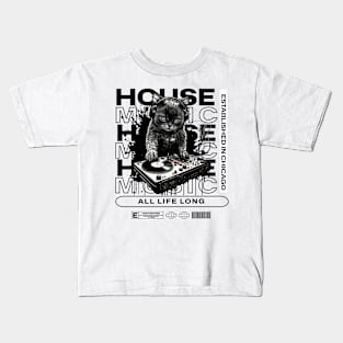 HOUSE MUSIC  - Cat Dj Text Overlap (Black) Kids T-Shirt